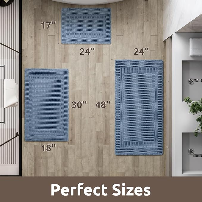 AMOAMI Waffle Bath-Mat, Absorbent Bath Mats for Bathroom Non Slip, Machine Washable Bathroom Rugs with Tassels Ultra Soft Boho Bath Rugs for Floor 2'x4'(24"x48") Blue