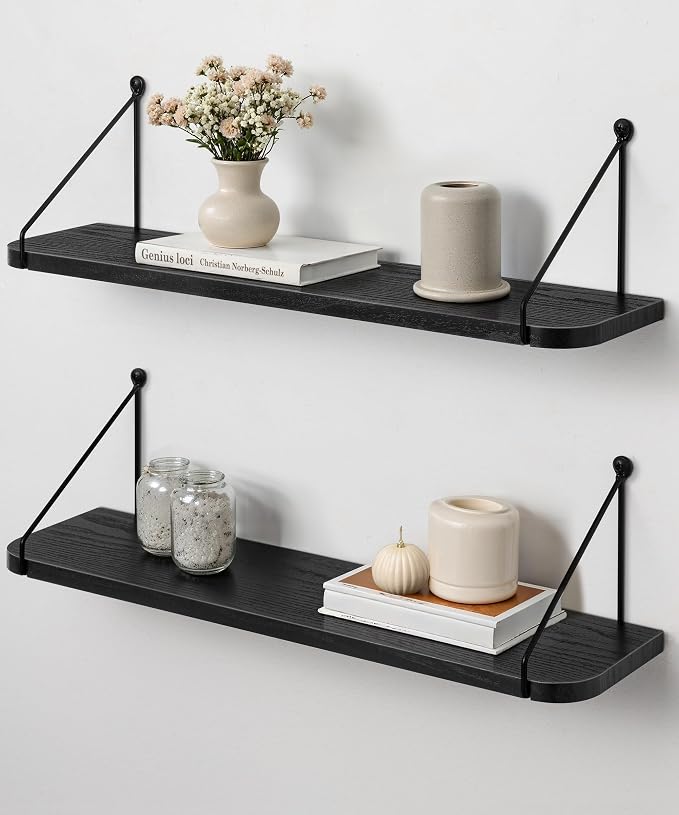 Afuly Black Floating Shelves for Wall, 24in Shelf with Brackets, Set of 2 | Long Hanging Bookshelf, Plants Photos Display, Organizer Modern, for Bathroom, Kitchen, Living Room, Bedroom, Home Decor