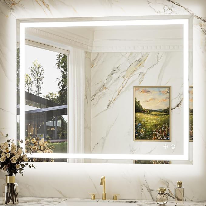 Keonjinn 42 x 36 Inch Beveled LED Bathroom Mirror with Frontlit & Backlit | HD Tempered Glass, LED Bathroom Mirror with Light, 3-Color Temperature, Fast Defogging, Stepless Dimmable, Memory Function