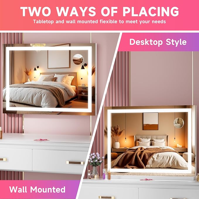 Vanity Mirror with Lights, 28" x 20" LED Makeup Mirror with 10X Magnification, Dimmable 3 Modes, Memory Function, Smart Touch, USB Charging Port, Lighted Makeup Mirror Square White