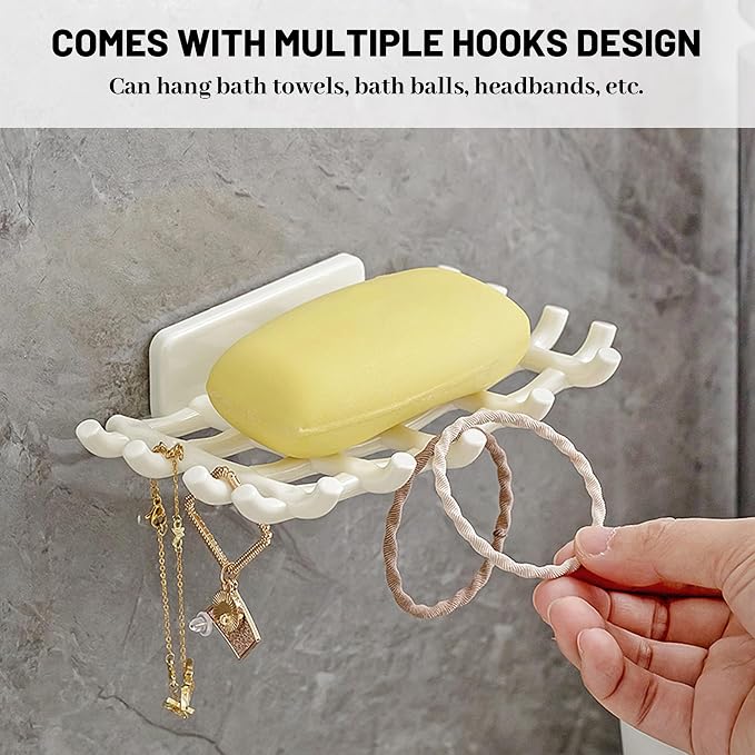 Shower Soap Holder for Wall, Adhesive Bar Soap Dish with Self Draining Grid, Side Hooks and No Drilling Mount, White, 2 Pack