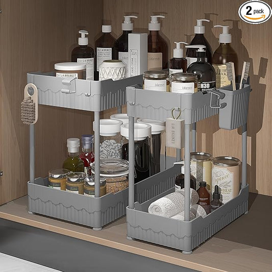 2-Pack Under Sink Organizer with Hooks & Hanging Cup for Kitchen | Multi-use kitchen & bathroom storage, 14.8 inch grey cabinet organizer, with hooks and hanging cup for easy access.
