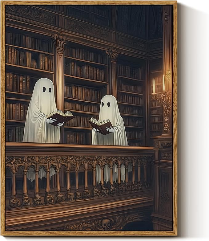 InSimSea Framed Canvas Prints Art Vintage Decor, Cute Reading Ghosts Library Painting, Moody Spooky Dark Academia Wall Art for Bathroom, Halloween Witchy Room Wall Cottagecore Decor, 12x16inch
