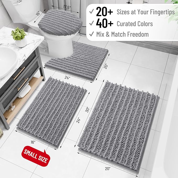 Arotive Bathroom Rugs Mat 40x24, Soft Absorbent Chenille Shaggy Bath Mat | Grey, Machine Wash Dry, Bath Rugs for Bathroom Floor, Tub and Shower, Home Decor Accessories