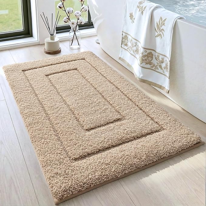 DEXI Bathroom Rugs 24x16, Non-Slip and Absorbent Bath Mat, Beige | Machine Washable, Soft Plush Microfiber Bathmat with Rubber Back, Quick Dry Small Rug for Shower, Tub, Sink