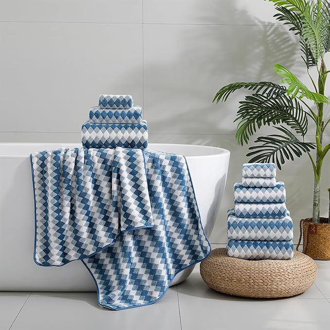 12 Pcs Navy White Diamond Towel Set-4 Bath Towels,4 Hand Towels,4 Washcloths Soft Polyester Towels with Loop Absorbent Shower Towel Quick Dry Beach Chair Towel Family Towels for Bathroom Spa Gym Pool