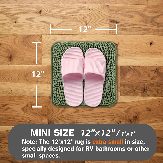 Small Bathroom Rug 12"x12" – Washable and Absorbent Mini Bath Mat, Non Slip, Thick Soft Chenille Bath Rugs for Bathroom, Shower, Locker Rug(Loden Green)