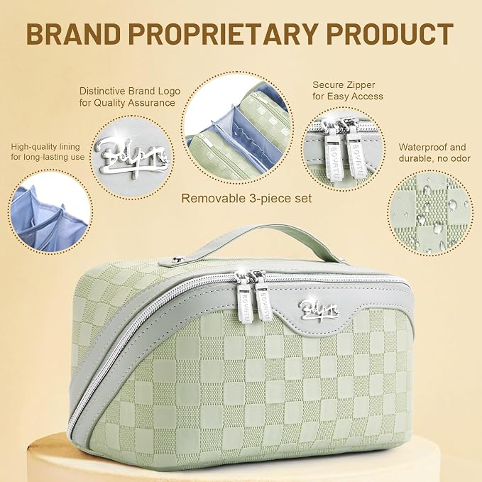 BOYATU Travel Makeup Bag Organizer: 180°Open-Flat 3 Pcs Make up Bags Set | Large Capacity Holds 10–20 Full-Size Bottles for 3–15 Day Trips Travel Essentials - Cosmetic Toiletry Case Gift Women(Green)