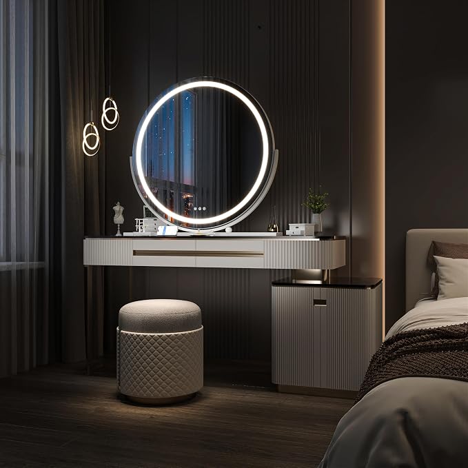 Hasipu Vanity Mirror with Lights, 27.6" LED Big Makeup Mirror, Lighted Makeup Mirror with Lights, Smart Touch Control 3 Colors Dimmable Round Mirror 360°Rotation White