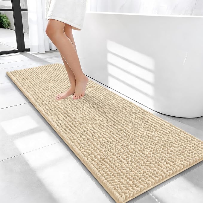 OLANLY Thick Chenille Bathroom Runner Rugs 47x17, Absorbent Bath Mat, Beige | Soft Bath Rugs, Rubber Backing, Machine Wash Dry, Bath Mats for Bathroom, Tub and Shower, Home Decor Accessories
