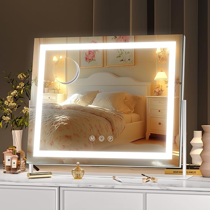 Hasipu Vanity Mirror with Lights, 13.8" x 10.6" LED Makeup Mirror, Light up Mirror with 10X Magnification, Smart Touch 3 Colors Dimmable, 360° Rotation (White)