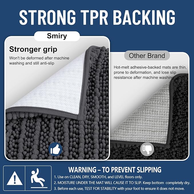 Smiry Bathroom Rugs 44X24, Extra Soft Rubber Backing Chenille Bath Mats | Dark Grey Machine Washable Non Slip Quick Dry Bath Mats for Bathroom Floor, Tub, Shower, Home Decor Accessories