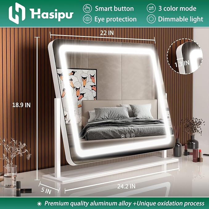 Hasipu Vanity Mirror with Lights, 24.2" x 20" LED Make up Mirror, Light up Mirror with 10X Magnification, Smart Touch 3 Colors Dimmable, Brightness Adjustment, 360° Rotation (White)
