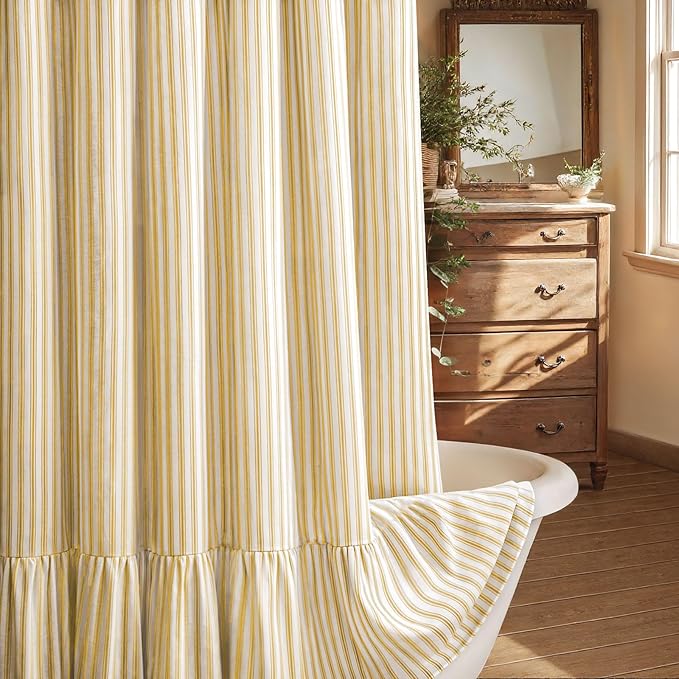 Farmhouse Shower Curtain Ruffle Linen Cream-Yellow Stripe 72"W x 78"L | Farmhouse Boho, Striped, Bottom Ruffle, Linen Fabric, Rustic, Country, Natural Look, Washable, for Bathroom Bathtub