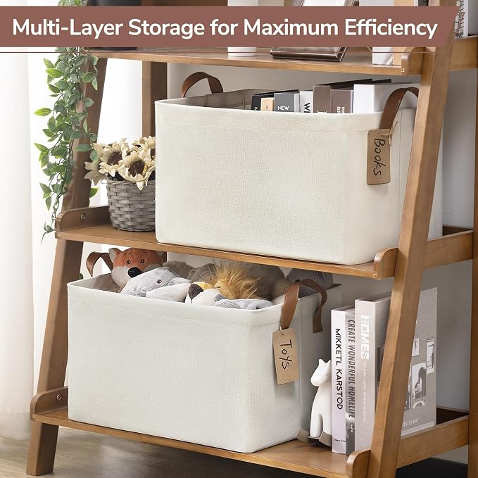 CHICVITA 4 Pack Large Fabric Storage Baskets for Shelves, Beige | 16.8" × 11" × 9.8", Closet Storage Bins for Clothes, Towels & Blankets, Collapsible, Metal Frame, Leather Handles