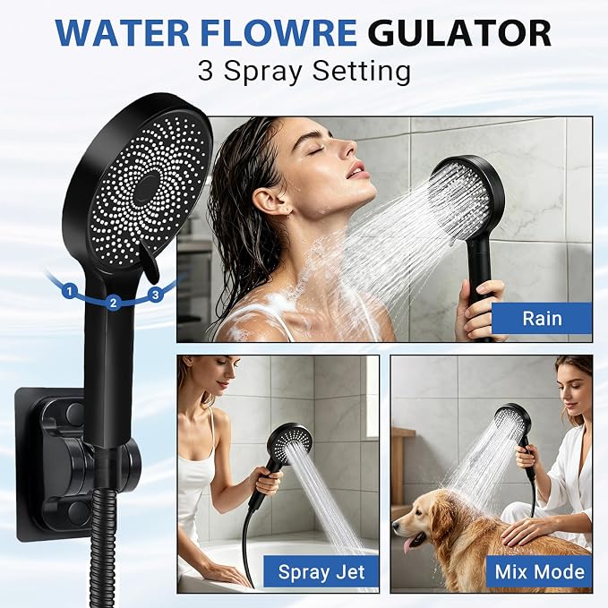 Shower Head,12”Rain Shower Head with Handheld Spray Combo with 11'' Angle Adjustable Extension Arm/Flow Regulator/Shower System,High Pressure Rainfall Shower Head Clean Bathroom,Matt Black