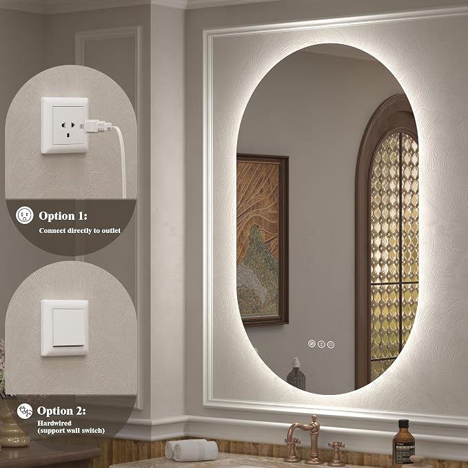 40x24 Inch Oval Backlit LED Bathroom Mirror for Wall | Stepless Dimmable, Shatter-Proof, Anti-Fog, 3 Colors, Memory, Phill-shaped, ETL Listed(Horizontal/Vertical)