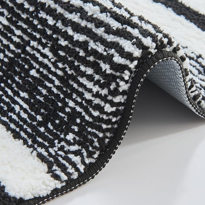 CozeCube Jet Black Striped 24"x16" Non Slip Washable Bath Mat | For Bathroom, Fluffy Absorbent Microfiber Bath Mats Machine Wash, Stylish Small Aesthetic Bathroom Rugs