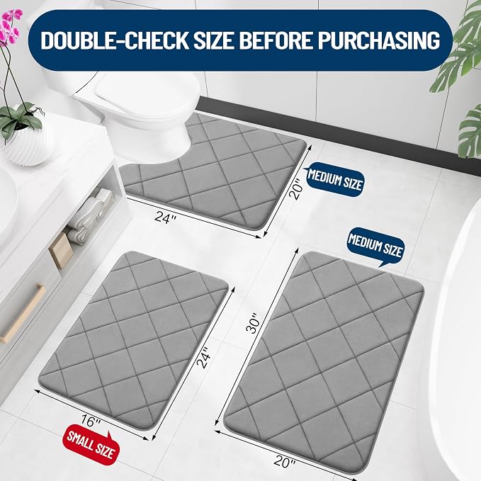 OLANLY Memory Foam Toilet Rugs U-Shaped 24x20, Ultra Soft and Absorbent | Grey, Quick Dry Commode Contour Rugs, Machine Washable, Comfortable Bathroom Contour Bath Mats for Toilet Base