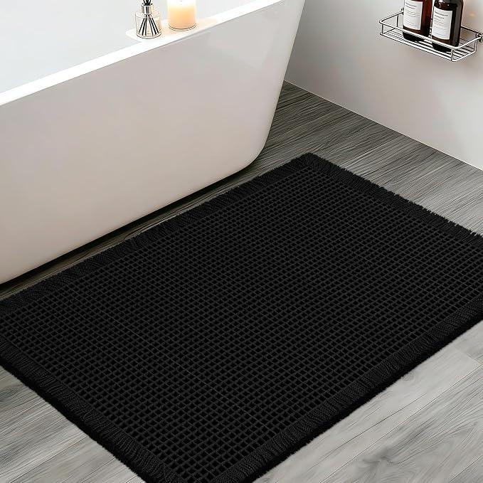 Upgraded Waffle Bath Mat, 36"x24" Black, Super Absorbent Non-Slip Quick Dry Bathroom Rugs with Tassels, Machine Washable Ultra Soft Boho Bath Rugs for Floor, Toilet Mats Boho Farmhouse Decor