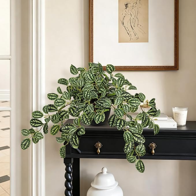 Briful Artificial Potted Plant Indoor, 19.6" Faux Watermelon Peperomia Trailing Plant in Black Pot, Realistic Fake Plants with Cascading Green Leaves for Shelf Bathroom Office Desk Kitchen Home Decor