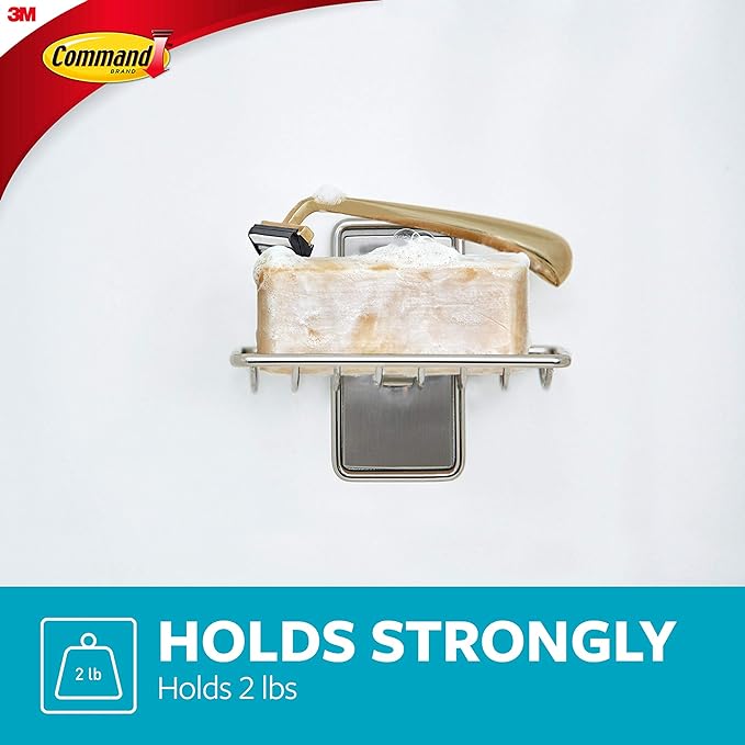Command Soap Dish for Shower,Damage Free Hanging Bathroom Soap Dish,No Tools Bar-Soap Holder,1 Satin Nickel-Soap-Dish and 2 Water-Resistant Command Strips,(Pack of 8)