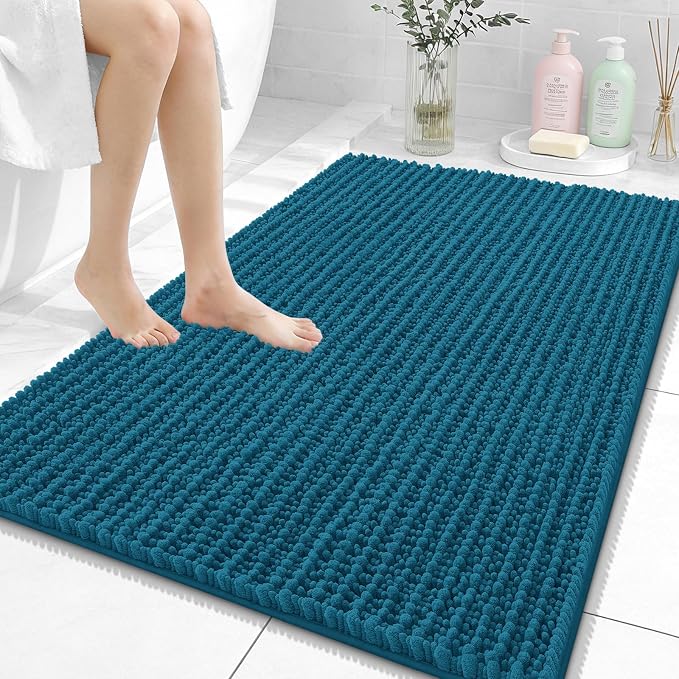 OLANLY Large Bathroom Rugs 40x32, Thick Soft Absorbent Chenille Bath Rugs | Peacock Blue, Quick-Drying Rubber Backing, Shaggy Bath Mat, Washable for Floor, Tub and Shower, Home Decor Accessories
