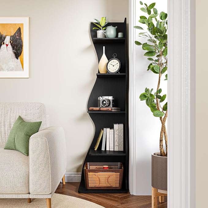 LITTLE TREE Small Corner Shelf, Modern 5-Tier Wall Wavy Corner Bookshelf | Stylish Bookcase Storage Rack for Small Space, Living Room, Bedroom, Black