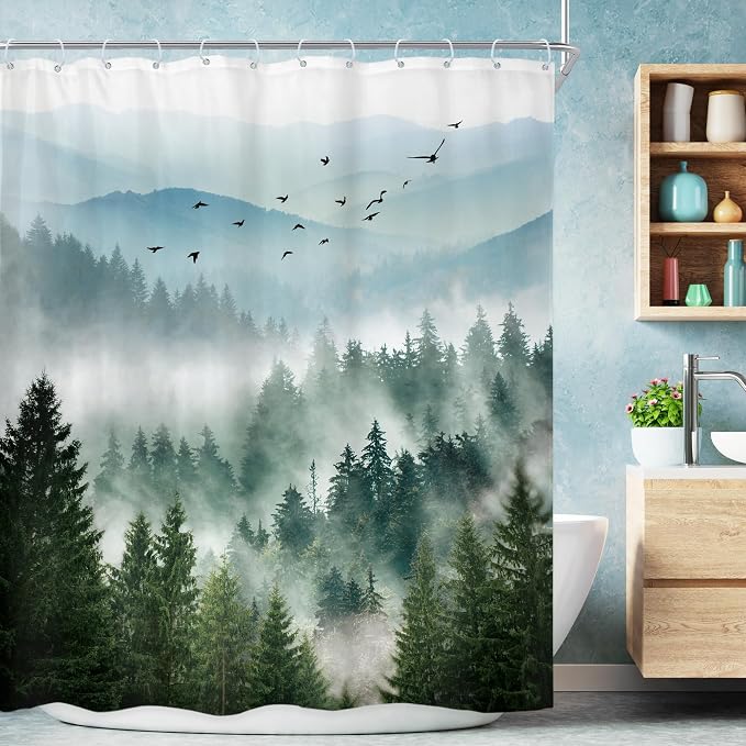 Green Mountain Shower Curtain Rustic Rainforest Nature Mens Shower curtain | Woodland Tree Waterproof Fabric Shower Curtain Bathroom Decor 12 Pack Hooks 72Wx72H Inch