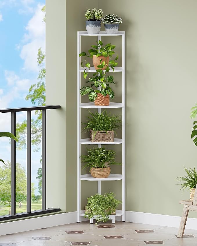 Hzuaneri Corner Shelf Stand 6-Tier Corner Bookshelf Storage Standing Shelf | Bookcase Plant Stand with Metal Frame for Living Room, Home Office, Bedroom, White CS06013W
