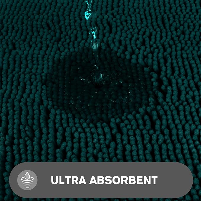 Dark Teal Bathroom Rugs – Absorbent and Washable Bath Mat, Non-Slip, Thick Soft Chenille Bath Rugs for Bathroom Floor, Shower, Sink - 26" x 44"