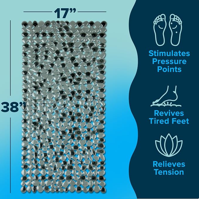 SlipX Solutions 38"x17" Pebble Non Slip Mat for Bath & Shower, Dark Gray | Foot Massaging Accupressure Bathtub Mat, River Rock Look, 188 Suction Cups, Machine Washable