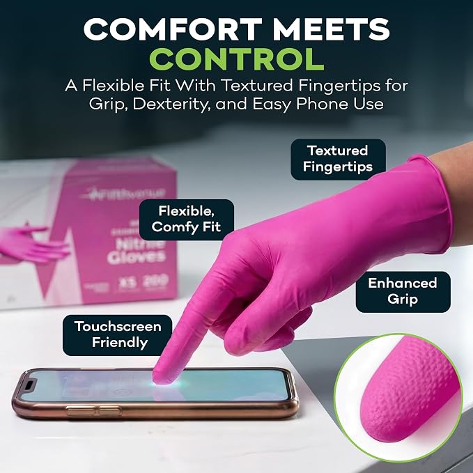 FifthPulse Fuchsia Hot Pink Nitrile Disposable Gloves -3 Mil Medical Exam Nitrile Gloves -Powder and Latex Free