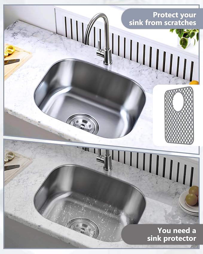 2 Pack Silicone Sink Protectors for Kitchen Sink, Trellis 13x11 Gray | Heat-resistant Non-Slip and Durable Silicone Grid Mat, 13-9/16" x 11-5/8" Rear Drain