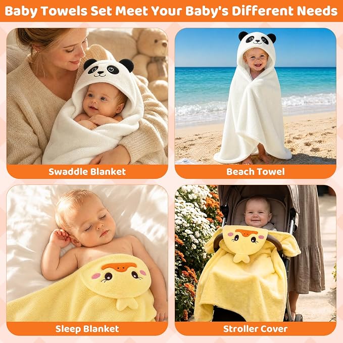 6 PCS Toddler Towels Set for Boy Girl 0-5 Year Essentials, Yellow & White | Large Size 55"x27.5", 2 PCS Hooded Baby Bath Towels & 4 PCS Washcloths, Ultra Soft, Thick and Absorbent, Newborn Essentials