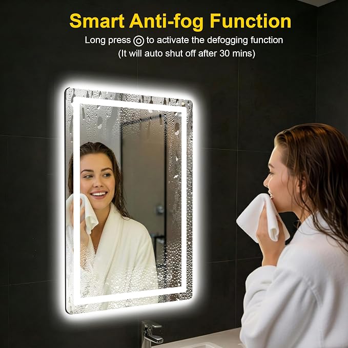 LED Bathroom Mirror with Lights, 20"x30" Lighted Vanity Mirror for Wall | Anti-Fog, Dimmable 3 Color Light, Backlit+Frontlit, Shatterproof Tempered Glass, Memory Function