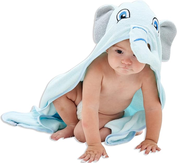 HIPHOP PANDA Ultra Soft Hooded Baby Towel - 2-Layer Thick 500GSM Absorbent | Rayon Made from Bamboo, Hooded Bath Towel for Newborn, Infant, Toddler, Baby Registry - Blue Elephant, 37.5x37.5 In