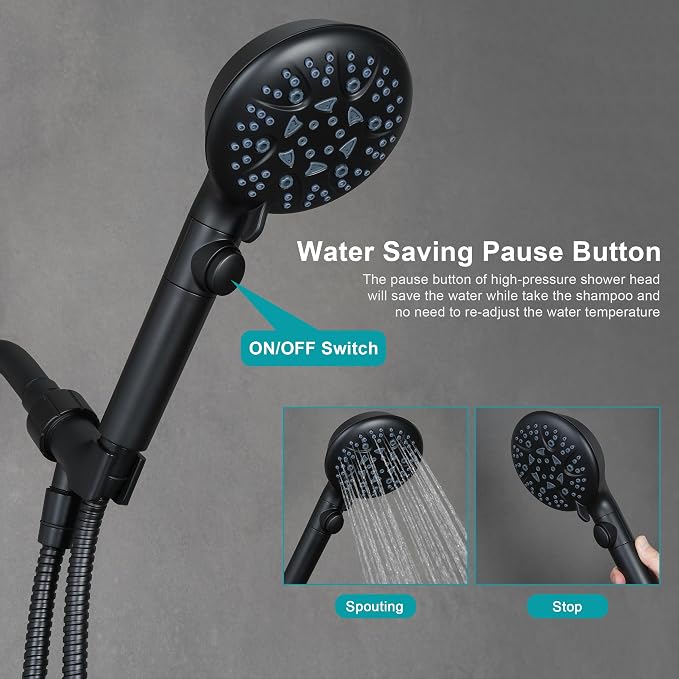 GwernKB Handheld Shower Head with On Off Switch,8-mode High Pressure Shower Wand with Long Hose and Bracket Extra Adhesive Holder for Lower Mount,Built-in Power Wash to Clean Tub,Tile & Pets,Black…