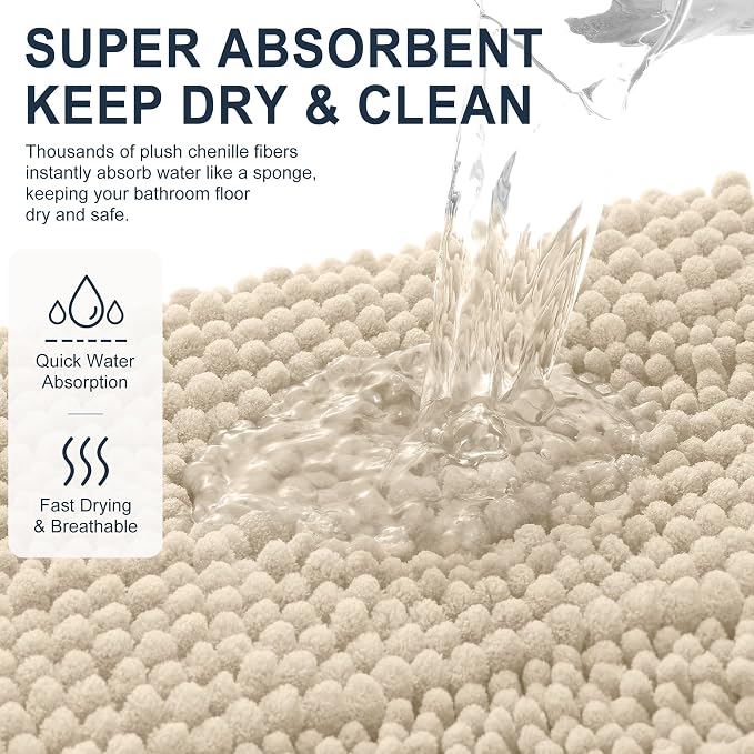 Smiry Thick Chenille Bathroom Runner Rugs 47x20, Absorbent Bath Mat, Sand | Quick‑Dry & Machine Washable, Non‑Slip Bath Carpet, Soft Striped Bath Rugs for Tub & Shower, Modern Home Decor Accessories