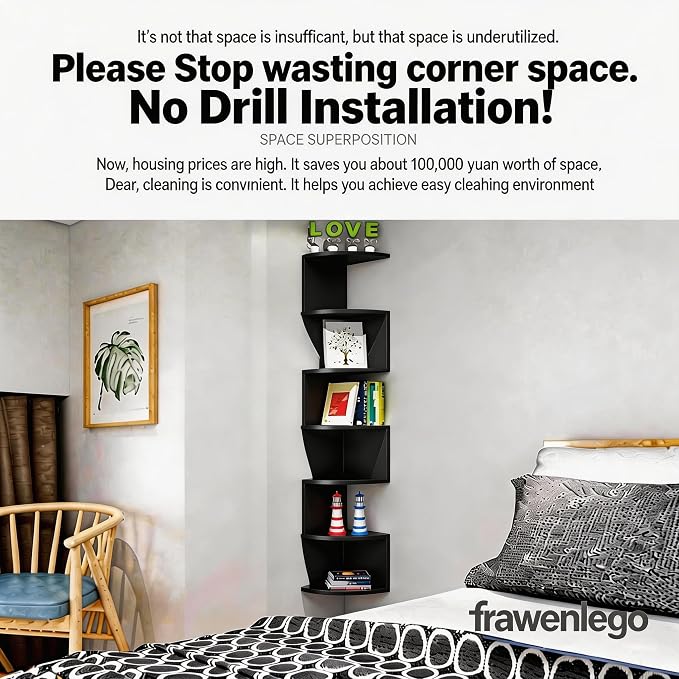 No-Drill Corner Shelf Wall Mount, 7-Tier Thickened Floating Bookshelf with Hooks, Space-Saving Zigzag Plant Shelf for Bedroom, Living Room, Bathroom, Home Office (Black)