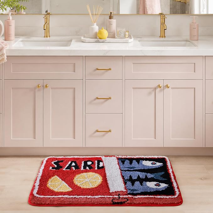 TRUEDAYS Sardine Bath Mat, Cute Bath Rugs for Bathroom 20x30 Inch, Red | Fun Bath Mat, Soft Absorbent, Quick Dry, Machine Washable, Non Slip Bath Rugs for Bathroom Decor Kitchen Bedroom