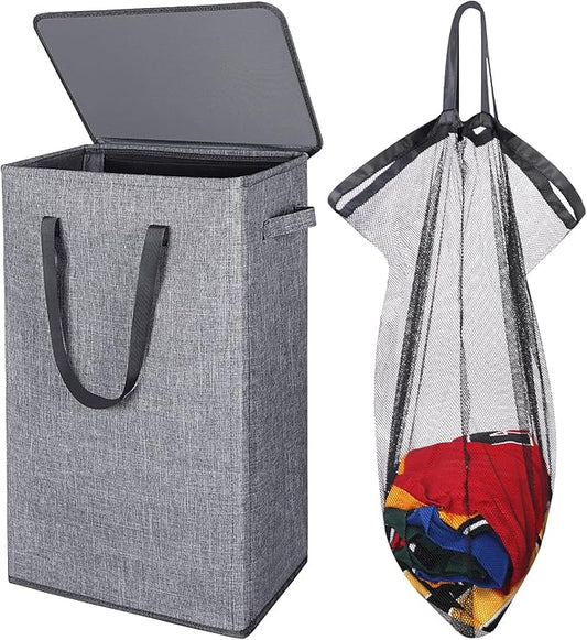 Odonata 75L Slim Laundry Hamper with Lid,Large Foldable Laundry Basket with Removable Bag and Handles Tall Collapsible Dirty Clothes Basket Great for Bedroom, Bathroom, Dorm, College,RV. (Grey, 75L)