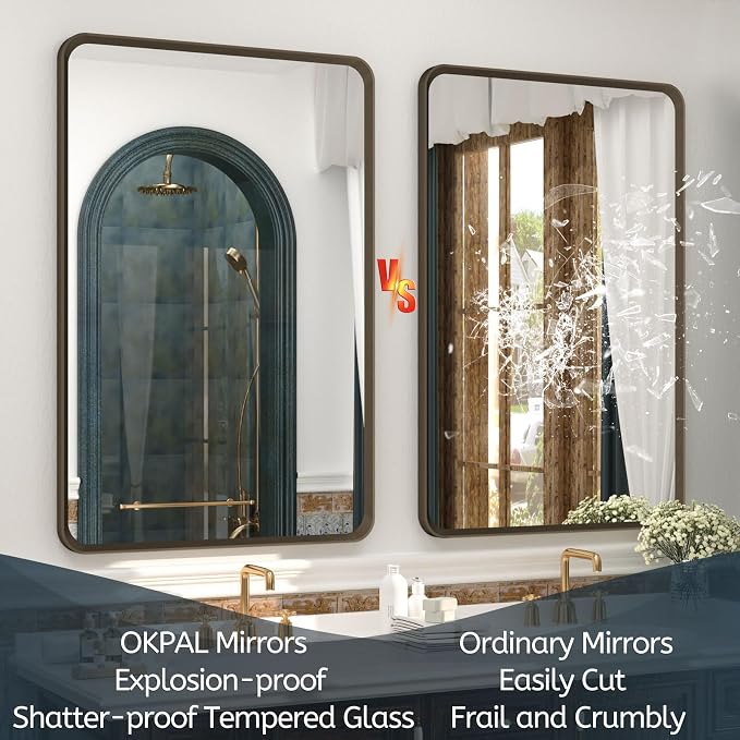 OKPAL 48x40 Bronze Bathroom Mirror, Bathroom Framed Mirrors for Wall, Rounded Rectangle Bronze Mirror for Vanity, Farmhouse, Bedroom, Anti-Rust (Horizontal/Vertical)