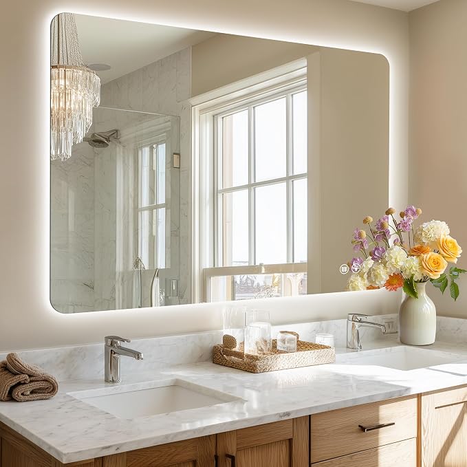 48''x36'' Lighted Mirrors for Bathroom Wall Backlit Rectangular Rounded Corners, LED Bathroom Mirror Frameless with Lights Anti Fog, Dimmable, 3 Colors,Tempered Glass, Shatter-Proof (Color 2)