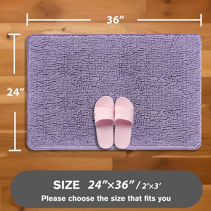 Lavender Bathroom Rugs – Absorbent and Washable Bath Mat, Non-Slip, Thick Soft Chenille Bath Rugs for Bathroom Floor, Shower, Sink - 24" x 36"
