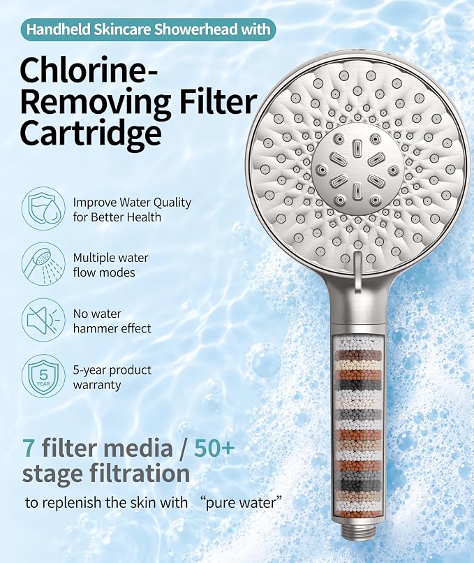 SR SUN RISE Filtered Shower Head with Handheld High Pressure 9 Spray Mode Showerhead Detachable Shower Head Water Softener Filters Beads for Hard Water Remove Chlorine 1 Filter Brushed Nickel