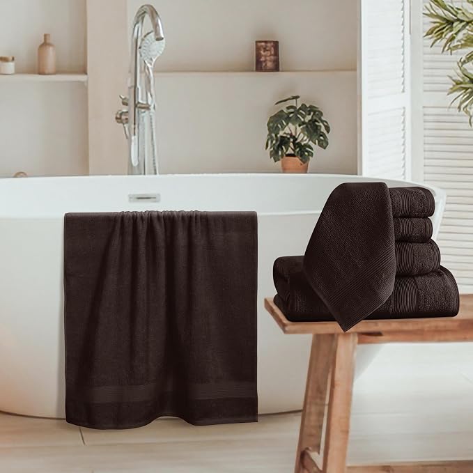 8 Piece Towel Set 100% Ring Spun Cotton, 2 Bath Towels 27x54, 2 Hand Towels 16x28 and 4 Washcloths 13x13 - Ultra Soft Highly Absorbent Machine Washable Hotel Spa Quality - Chocolate Brown