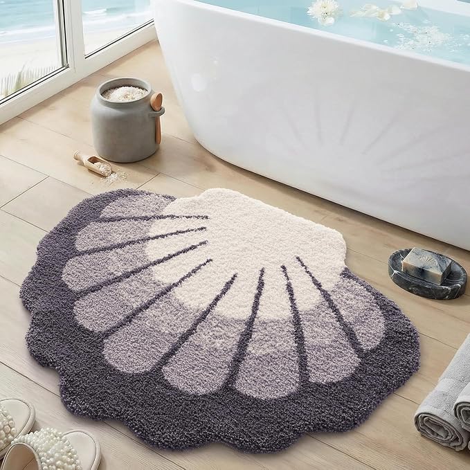 DEXI Cute Seashell Bath Mat, Coastal Scallop Bathroom Rug, 31x24 Grey | Soft and Absorbent Microfiber, Non Slip, Machine Washable Bathmat for Shower Floor, Bedroom, Kids Room, Home Decor