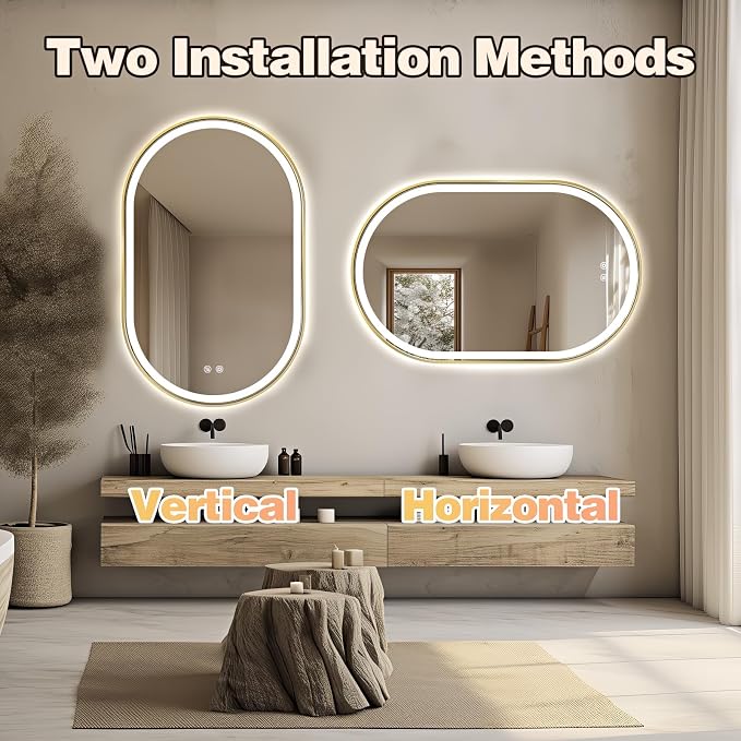 Oval LED Bathroom Mirror, Backlit + Front Lit Mirror Old Gold Frame | 3 Color Dimmable, Anti-Fog, 48"x30", Memory Function, Shatter-Proof, HD Glass, Pill-Shaped Mirror, Vertical or Horizontal