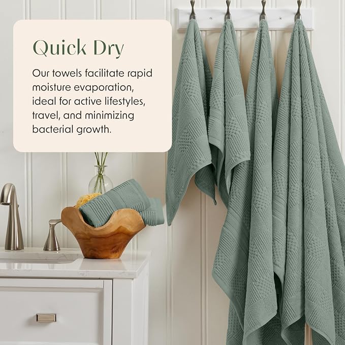 100% Cotton Bath Towel Set | 4-Pack | Textured | Green | Luxury Geometric Design | Absorbent & Quick-Dry Bathroom Towels | Textured and Durable Cotton Towels for Bathroom | OEKO-TEX